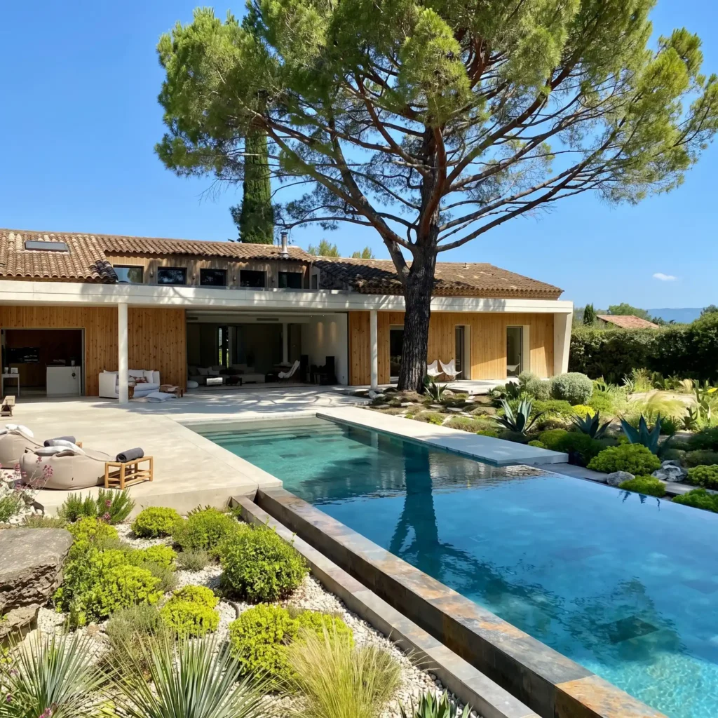 Villa moderne en bois et pierre avec piscine à débordement, jardin méditerranéen et pin parasol, un des biens d'exception valorisés par ORISÉA