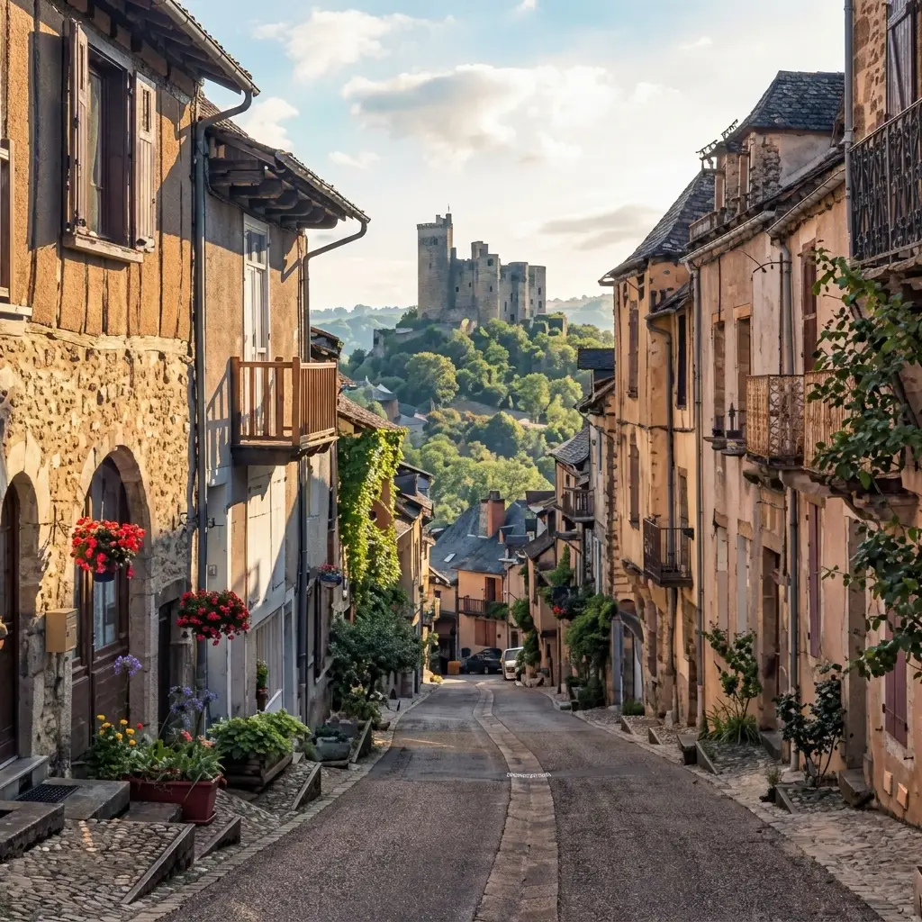 Ruelle pavée d'un village de caractère en Occitanie, maisons en pierre fleuries et château médiéval en arrière-plan