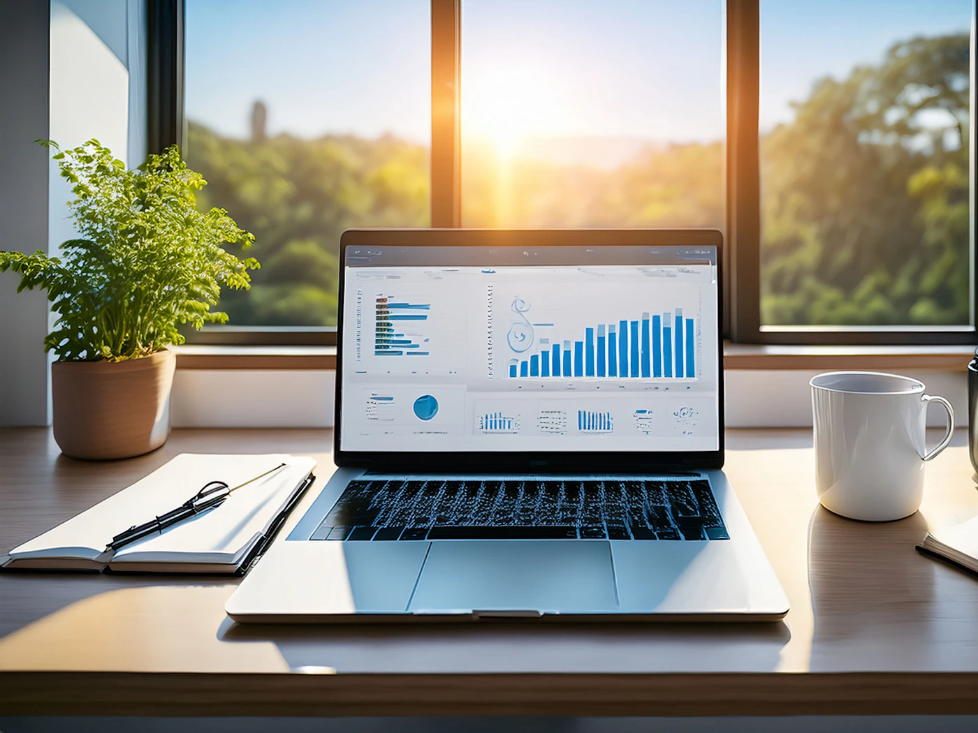 Ordinateur portable affichant des graphiques d'analyse tarifaire sur un bureau lumineux